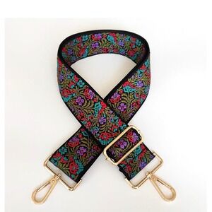 Floral Embroidered Purse Strap Adjustable Crossbody Guitar Style Gold Hardware